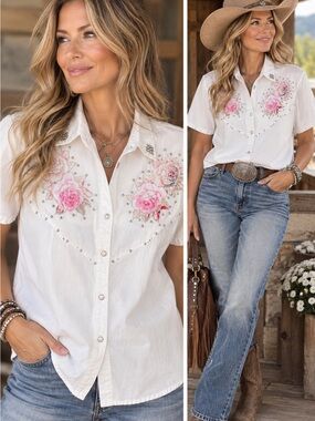 Jazzino White Floral Studded Western Shirt XL
